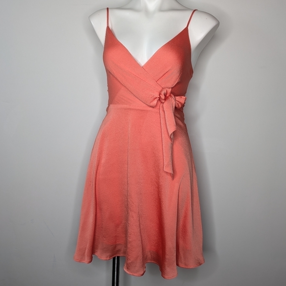 Express peach satin tie bow accent waist v neck spaghetti strap dress XXS
